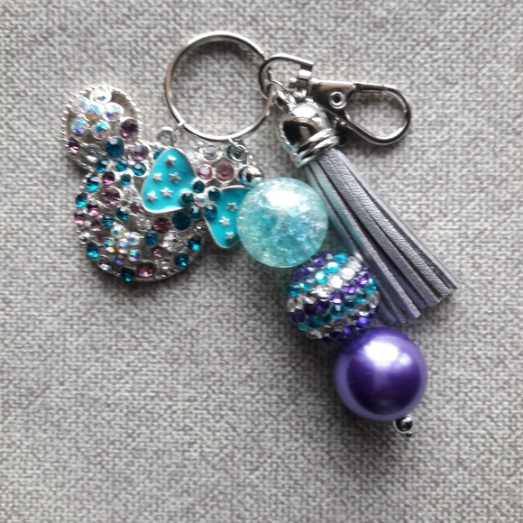 Women's Girls Purple Turquoise Rhinestone Mouse Ears Beaded Keychain Purse Charm - Picture 2 of 2